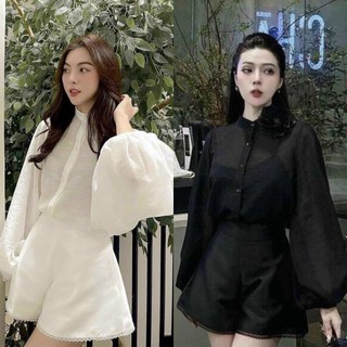 Set áo sơ mi tay phồng kèm short