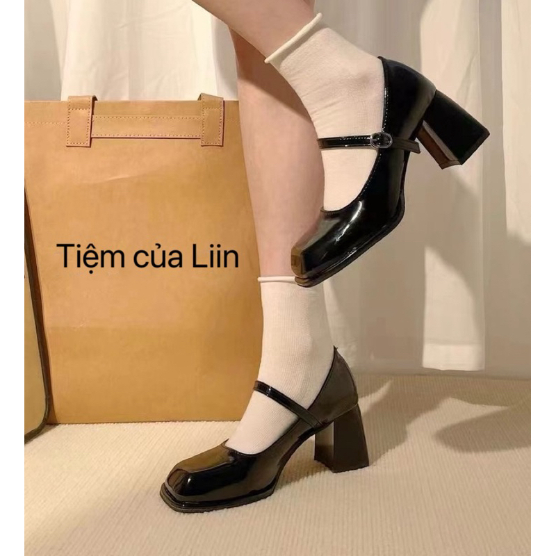 (Lùi 1size-QC Loại1) Cao Gót Mary Jane Quai Cài Đế 7.5cm chất da bóng ( Lùi 1sz)