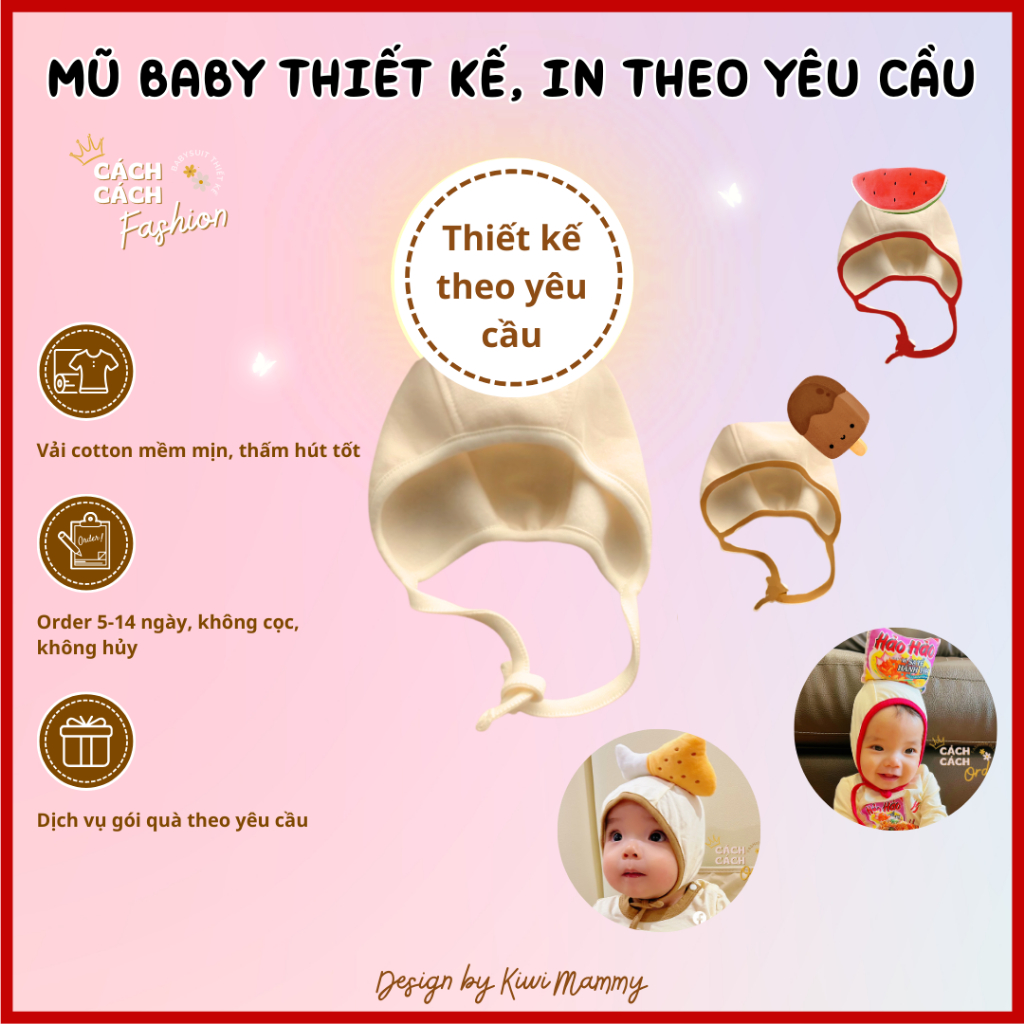 Mũ cho bé THIẾT KẾ THEO YÊU CẦU style ikii Hàn Quốc - In theo yêu cầu mũ bonnet cho bé từ 0-18 tháng