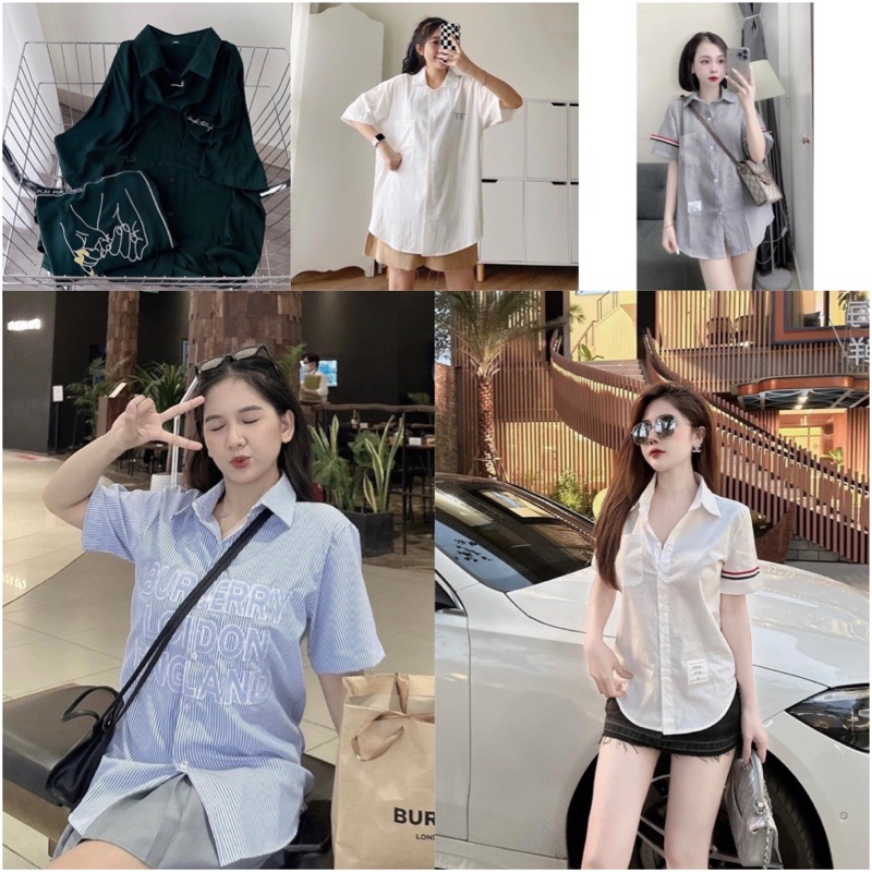Áo Sơmi Cộc Tay Hoạ Tiết Kẻ Chữ Ngực Dễ Thương❤ Áo Sơ Mi Tay Lỡ Kẻ Sọc Hình Cún Cute