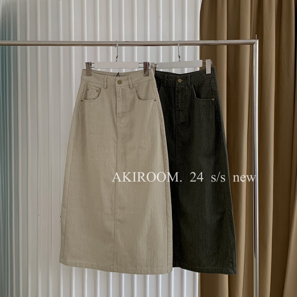 Chân váy jeans cotton dài dáng A nhẹ có xẻ sau hai túi vuông mặt sau 9156