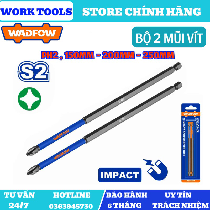 ĐỒ NGHỀ WADFOW Bộ 2 Mũi bắt vít đóng PH2 150mm , 200mm , 250mm , WSV4K64 , WSV5K65 , WSV6K66