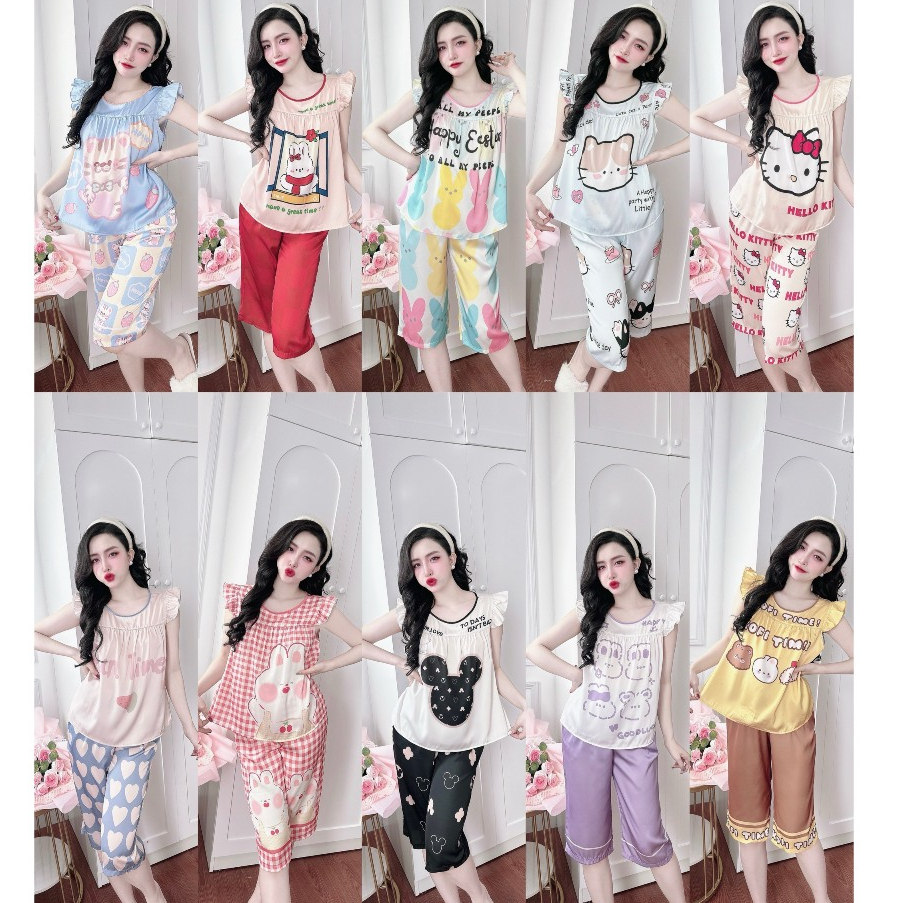Đồ bộ Pijama nữ, đồ mặc nhà tay ngắn quần lửng Lụa latin in 3D loại 1 thiết kế mềm mịn mát freesize dưới 60kg My Store