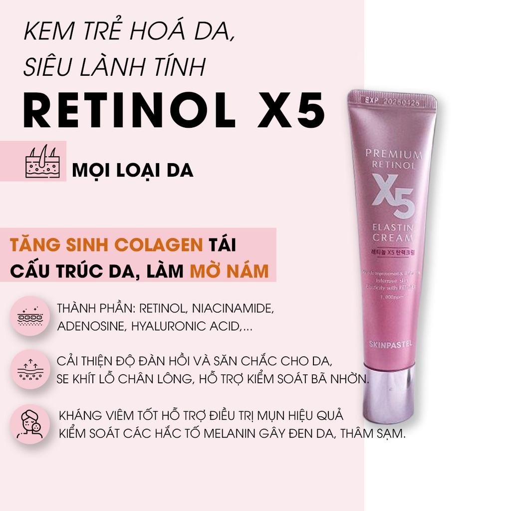 Kem Dưỡng Trắng Da Chống Lão Hóa X5 SKINPASTEL Premium Retinol X5 Elastin Cream Màu Hồng 30ml