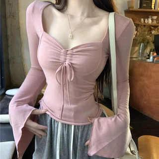 Áo thun cổ V thắt nơ dài tay ống loe thiết kế điệu dáng ôm body tôn dáng brandy Y2K xuân hè nữ sing