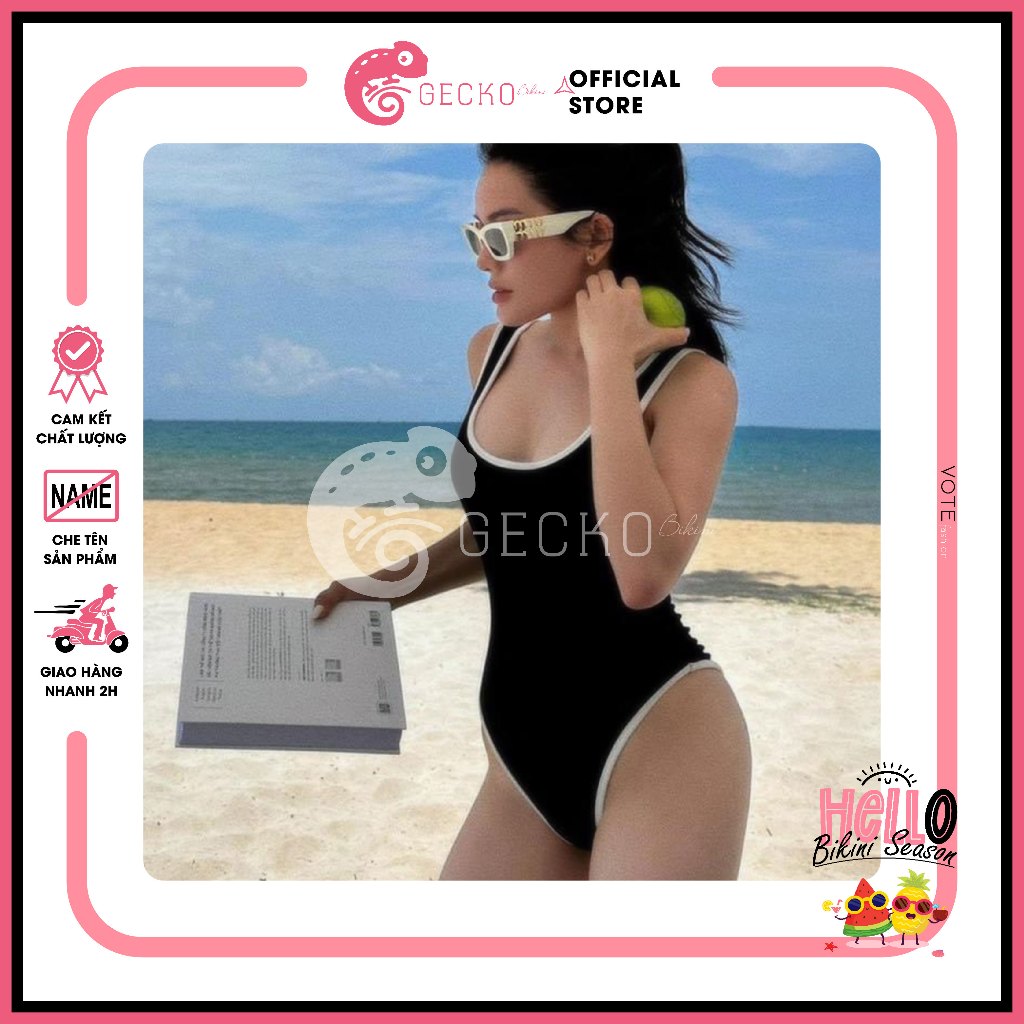 Bikini GECKO 1 Mảnh Viền Trắng Xẻ Cao 1M17 (Ảnh Thật, Nhiều Màu)