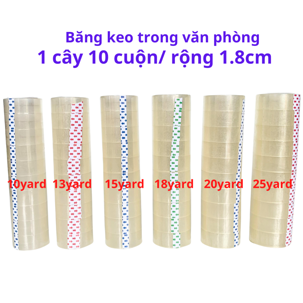 Băng keo trong văn phòng loại nhỏ, 1 cây 10 cuộn rộng 1.8cm, 10yard-13yard-15yard-18yard-20yard-25ya