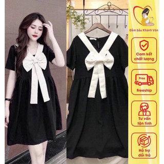 Váy bầu cộc tay thiết kế cổ nơ M028
