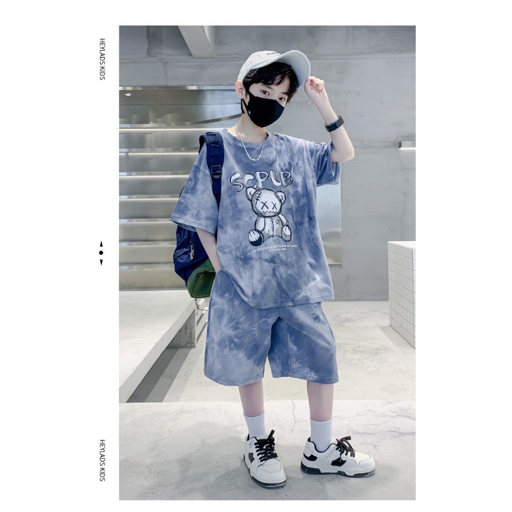 Set bộ quần áo bé trai 17-45kg, set đồ hè cho bé 4- 14 tuổi mẫu gấu xám loang , chất vải mềm mát.