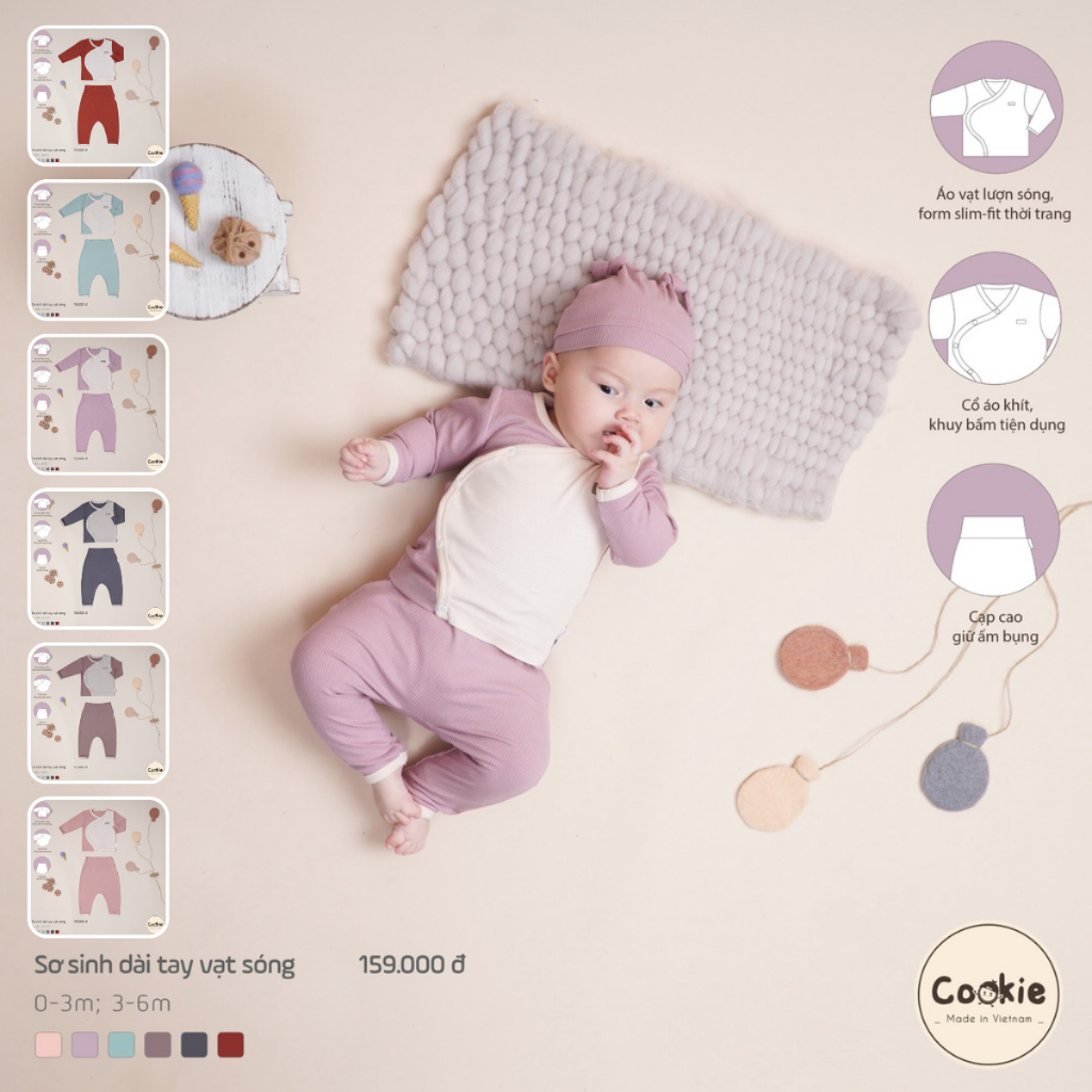 [COOKIE] Bộ sơ sinh dài tay vạt sóng cho bé 0-3m & 3-6m