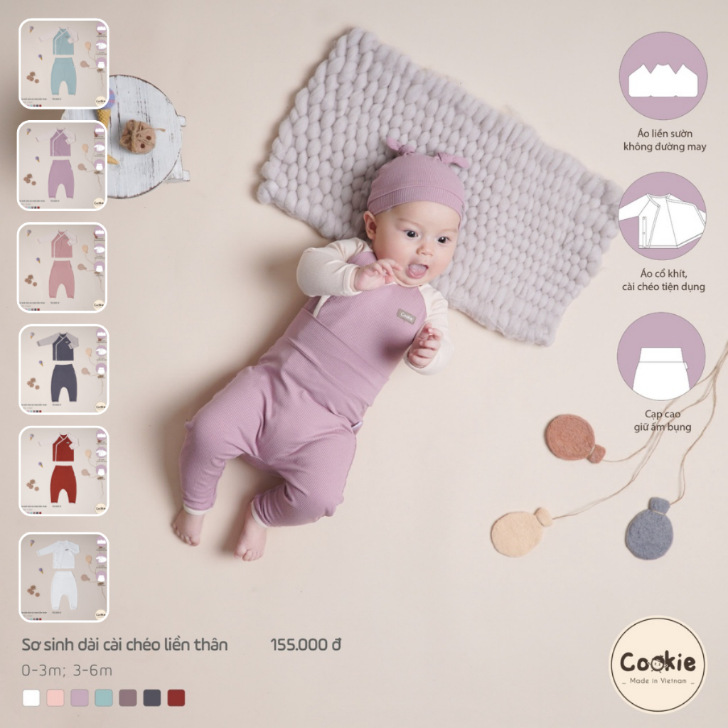 [Mã ICBTUE1532 giảm 15K đơn 99K] [COOKIE] Bộ quần áo sơ sinh dài tay cài chéo liền thân size 0-3m & 3-6m