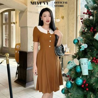 Đầm công sở Nhật Vy xếp ly cổ tròn phối bèo cổ đính nút bọc chất lụa phù hợp dạo phố cafe nhẹ nhàng - D2893