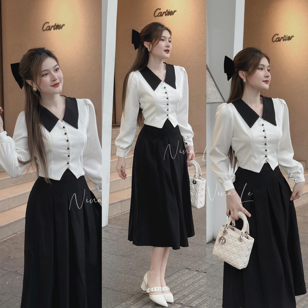 Sét đồ nữ áo cổ bẻ tay dài cài nút phối chân váy from dài xòe xếp ly kiểu dáng tiểu thư nhẹ nhàng cho nàng công sở