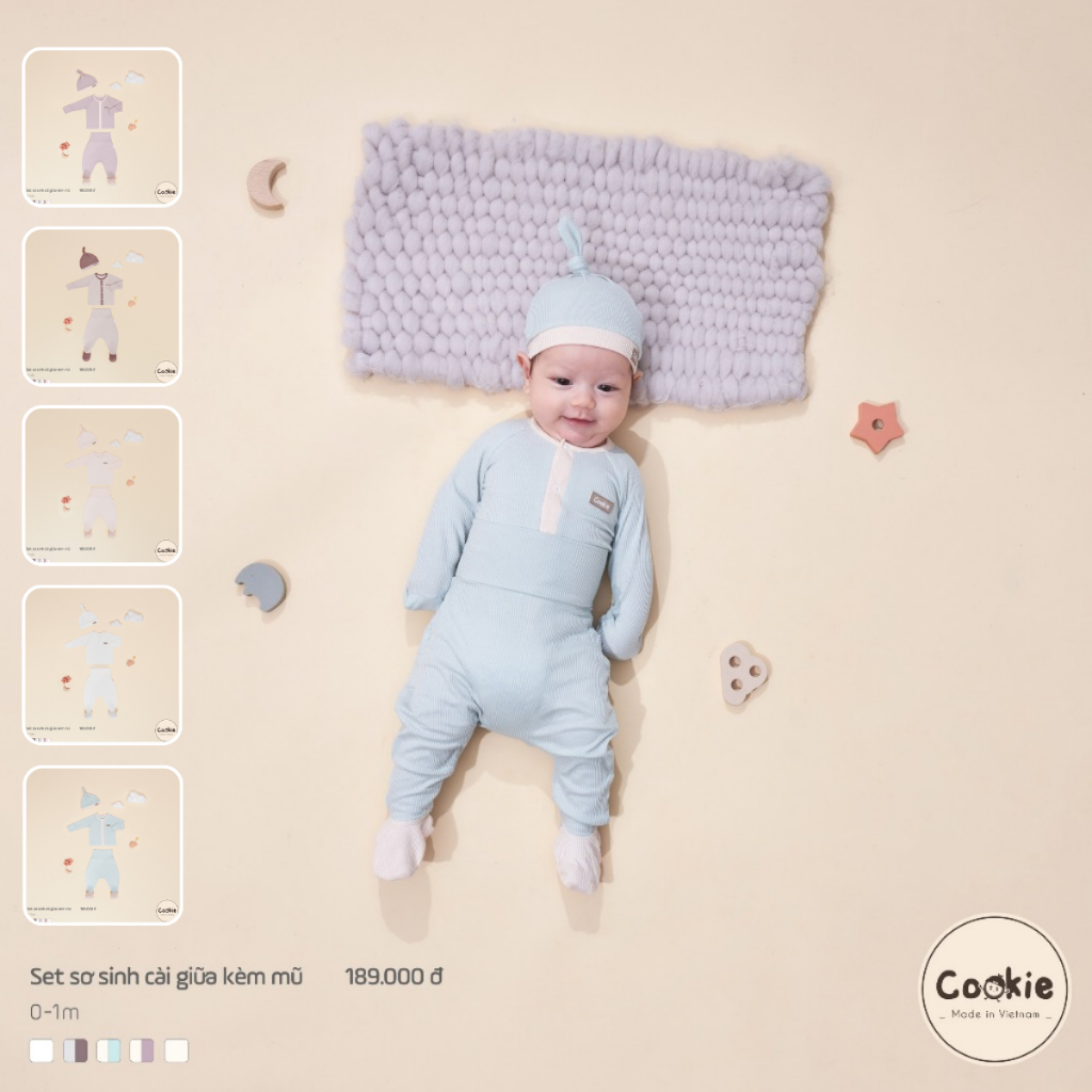 Set sơ sinh cài giữa liền thân & tất kèm mũ cho bé size 0-1m