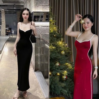 Đầm hai dây dáng ôm dài viền trắng quyến rũ - đầm ôm nữ chất larong