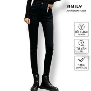 Quần Jean Đen Nữ AMILY Lưng Cao dáng skinny rách gối co giãn có BIGSIZE