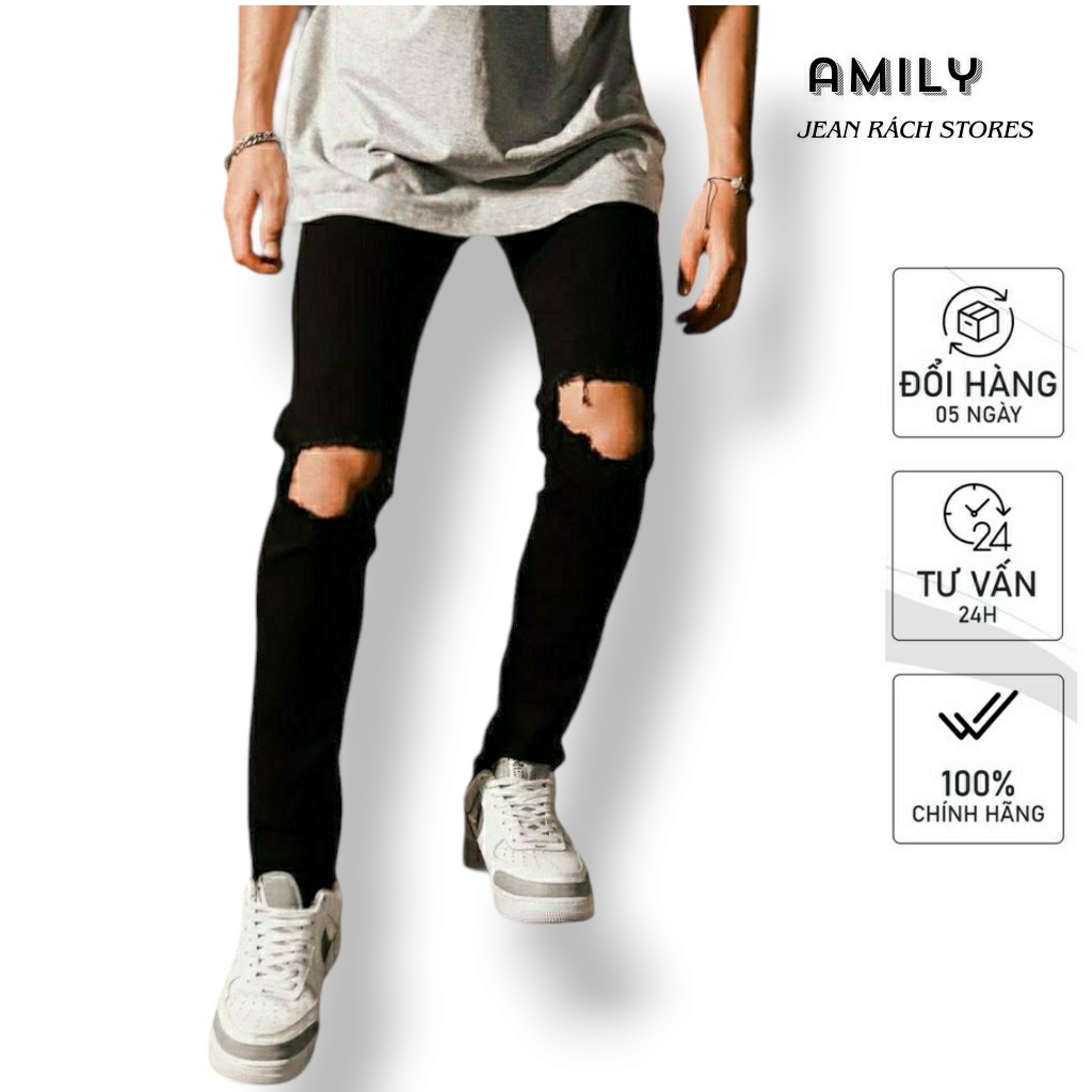 Quần Skinny Jean Nam-AMILY-Màu Đen-Rách Gối To-Chất Liệu Cotton Co Giãn-Ống Đứng Dáng-Ống Côn Ôm Chân Chuẩn Skinny