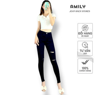 Quần skinny jean nữ AMILY lưng cao co giãn rách gối, rách ngang đùi ( có BIGSIZE tới 70kg)