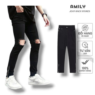 Quần Bò Nam Đen Trơn, Rách Gối AMILY chất vải Demin co giãn form slimfit Phối Khoá Zip Ống chân