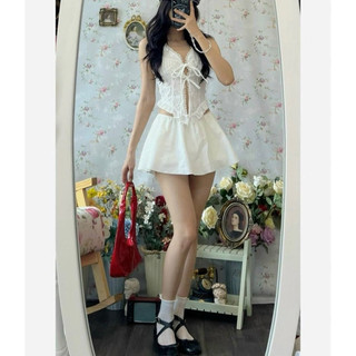 Set áo croptop xô ren viền bèo thắt nơ ngực + chân váy xoè trắng