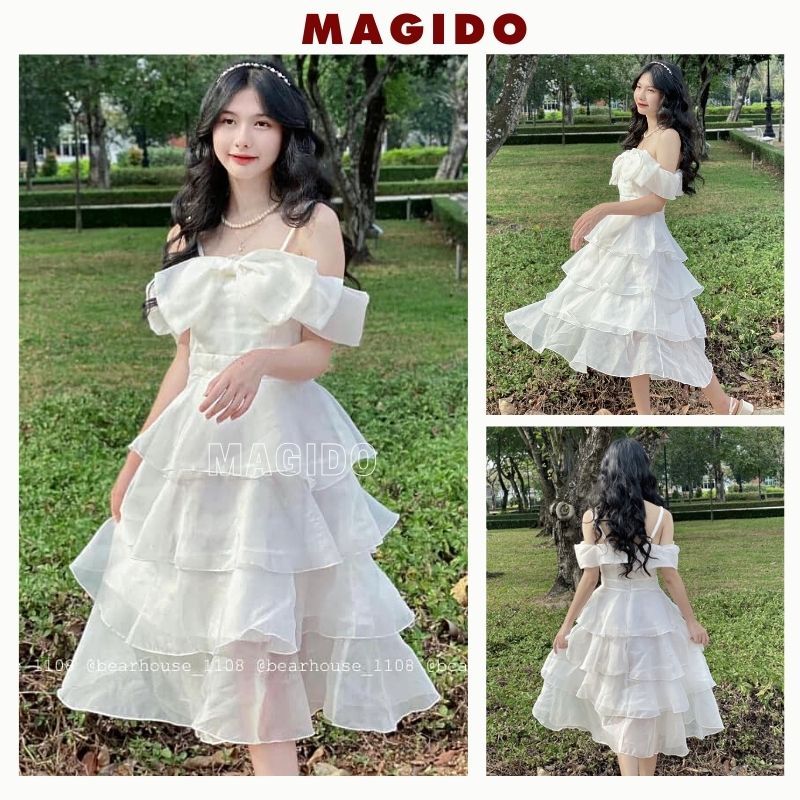 Váy thiết kế dự tiệc trễ vai nơ ngực 2 dây có mút dáng xoè nhiều tầng - Đầm nữ tính kiểu dáng trẻ tr