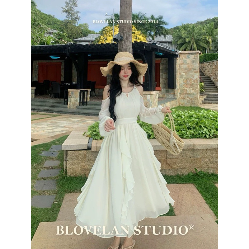  Váy khoét vai phối bèo sườn  kèm clip cận chất  