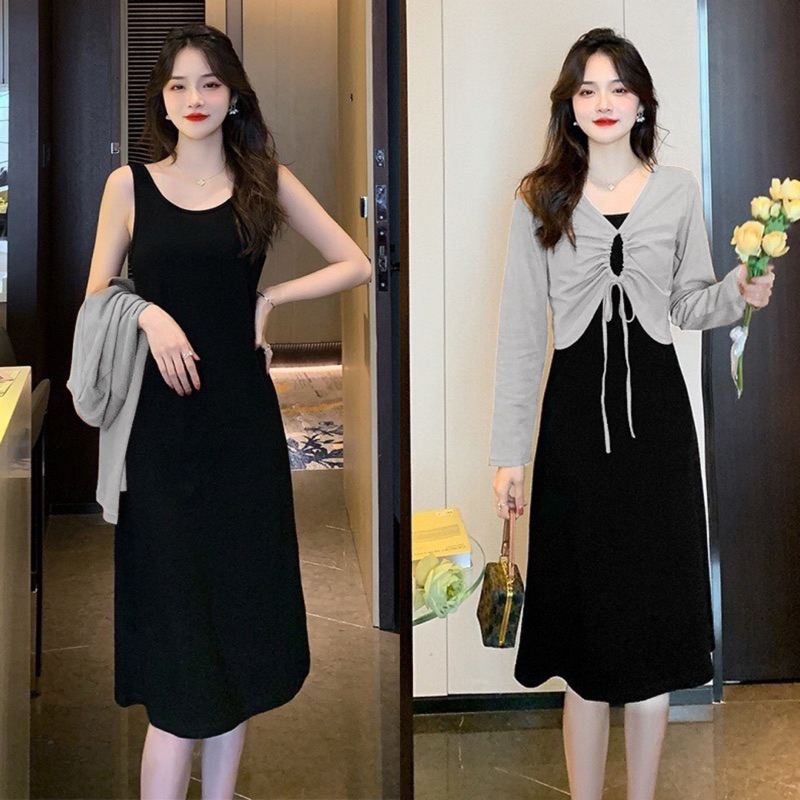 SET Đầm Maxxi GÂN Đen Ba Lỗ Dáng Dài Xoè + Áo Khoác RÚT Xám