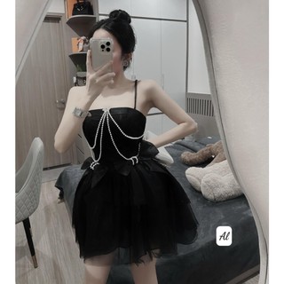 Váy ren hai dây xòe bồng tag đá dây ngọc đính nơ lớn xinh xắn cho nữ mặc đi chơi, đi tiệc - Thời Trang Ninh Hiệp