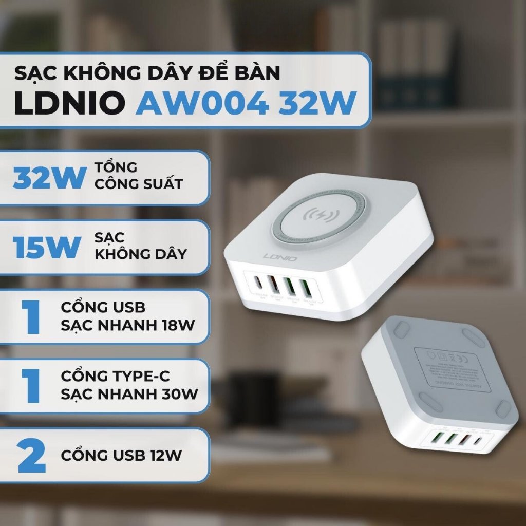 Sạc không dây siêu nhanh để bàn LDNIO AW004 32W,kèm 1 cổng USB sạc nhanh 18W,1 cổng type C sạc nhanh