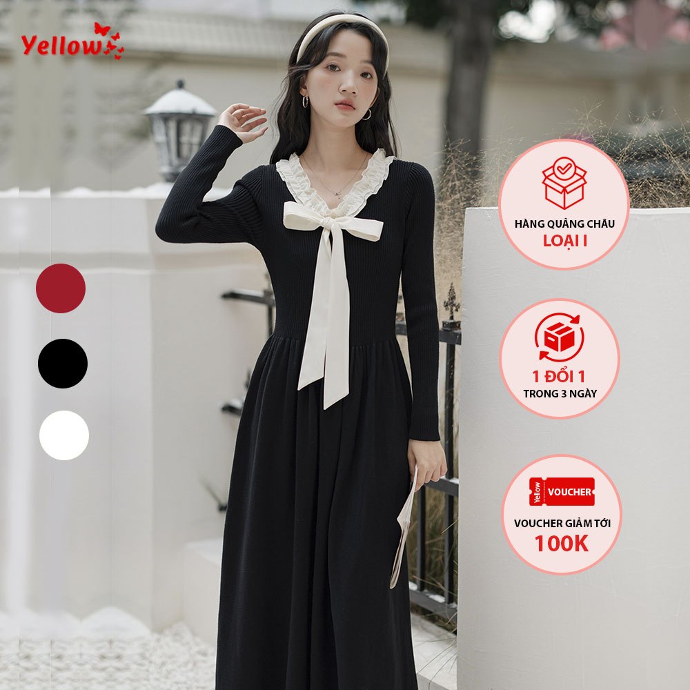 Váy len liền thân dáng xòe dài phối cổ nơ siêu xinh Yellow Shop