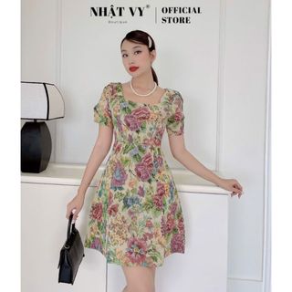 Đầm Nữ NHẬT VY Hoa Cổ Vuông Tay Ngắn Chiết Eo Chất Vải Bố Đi Chơi Dáng Xòe Màu Xanh - D1892