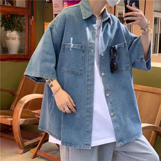 Áo Sơ Mi Tay Ngắn Xanh và Đen chất liệu Denim phong cách Nhật Bản trẻ trung nặng động Q157