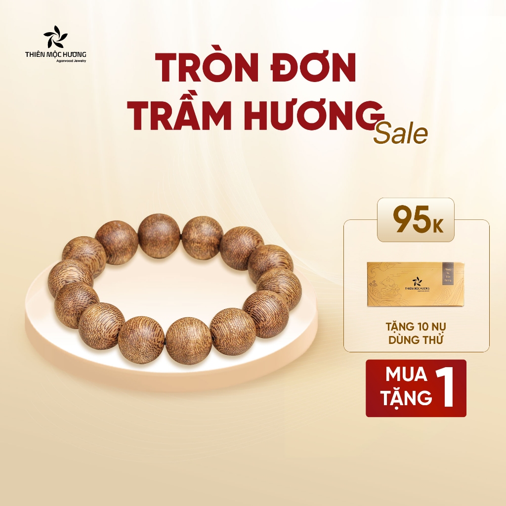 Vòng tay trầm hương tự nhiên tròn đơn tốc Việt Nam THIÊN MỘC HƯƠNG thành công, giàu sang, thuận lợi 12-14 năm tích trầm