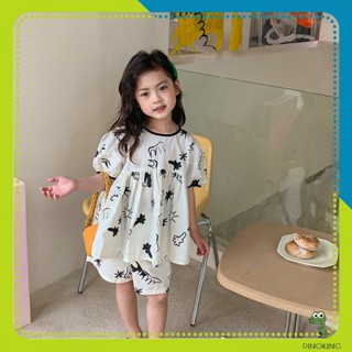 Bộ đồ đi biển bé gái DINOKING Set áo baby doll tay bồng + quần short họa tiết cá tính chất lanh cotton mềm mịn DB36