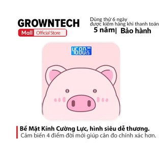Cân điện tử sức khỏe GrownTech mặt kính độ chính xác cao chịu lực 180 kí heo lợn hồng tặng kèm pin