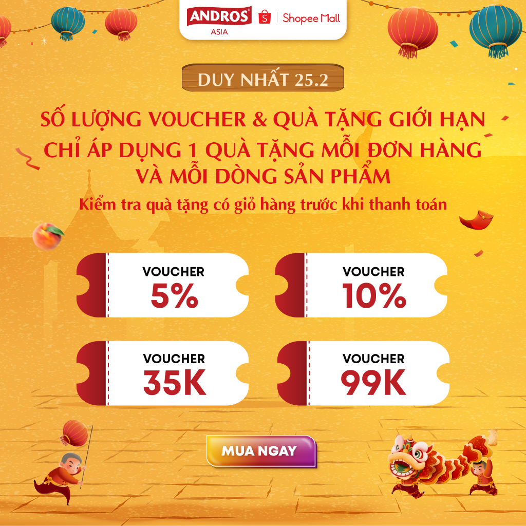 Thùng 20 Túi Thạch Trái Cây Hỗn Hợp 5 Vị - 90% Nước Ép Trái Cây Thật - ANDROS FRUIT ME UP - 90g x 20