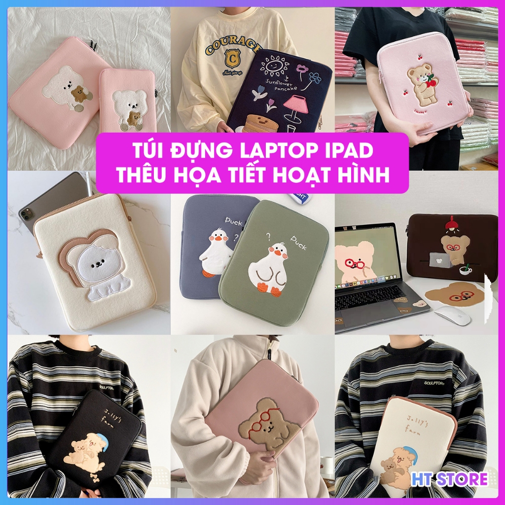 Túi đựng laptop, ipad, máy tính bảng 11/13.3/14/15/15.6 inch thêu họa tiết hoạt hình phong cách Hàn Quốc