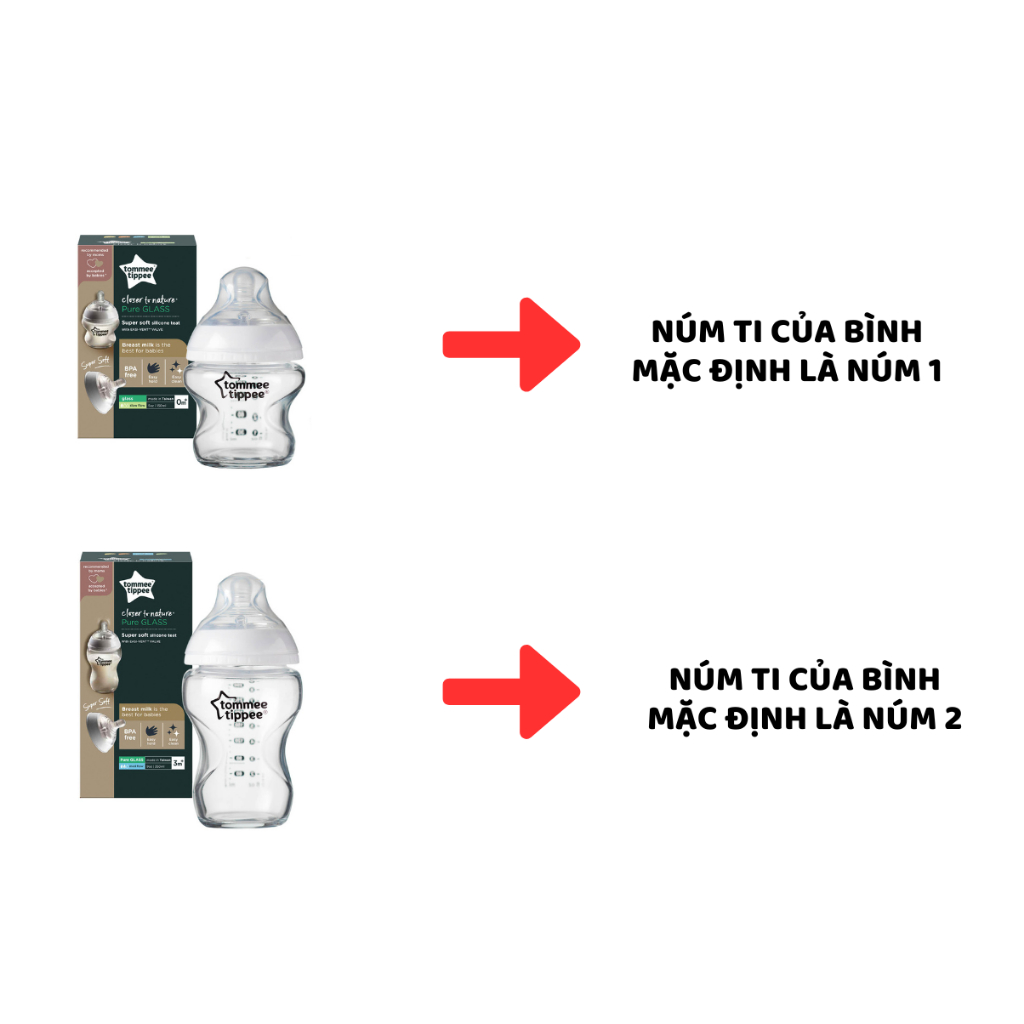 Bình Sữa Thuỷ Tinh Ty Siêu Mềm Tự Nhiên Tommee Tippee 150ml, 250ml, Nhiều Size Cho Bé, Được Mua Kèm Thêm 01 Núm Ty Bất K