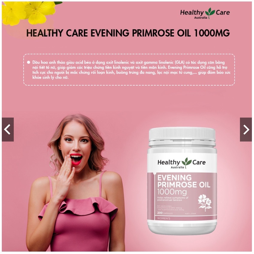 Tinh dầu hoa anh thảo Healthy Care Evening Primrose Oil 200 viên giúp cân bằng nội tiết tố của Úc