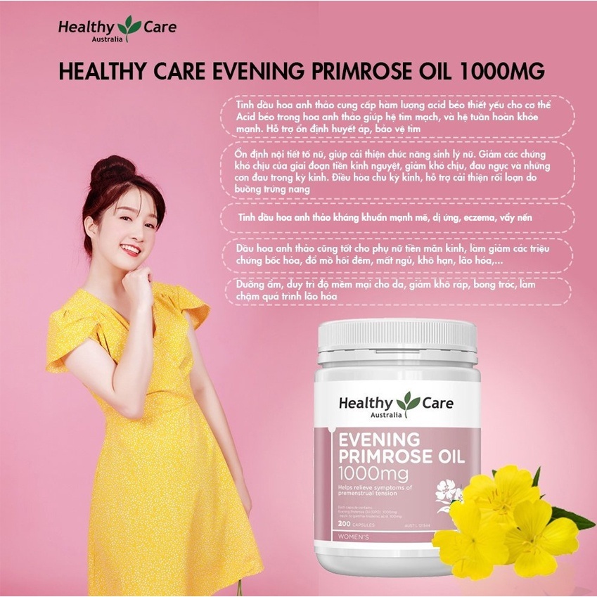 Tinh dầu hoa anh thảo Healthy Care Evening Primrose Oil 200 viên giúp cân bằng nội tiết tố của Úc