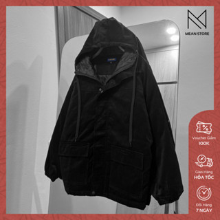 Áo khoác Kaki nhung tăm MEANSTORE Jacket có lớp chần bông oversize form rộng Khoác gió phong cách Hàn Quốc - Đen Trắng