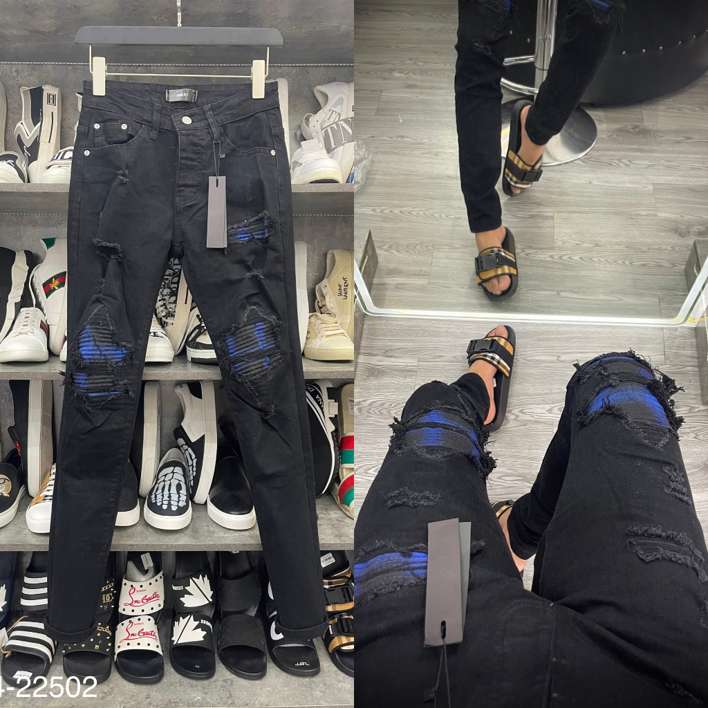 Quần Bò Nam Amiri 4 Khuy Đen Vá Xanh Co Giãn Cam Kết Giặt Không Phai Màu ,Quần Jean Nam Amiri Đen Vải Denim