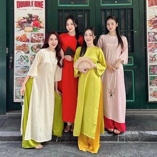 Áo dài dáng xuông nhiều màu cổ tròn,Áo dài gấm trơn cổ tròn cúc bọc