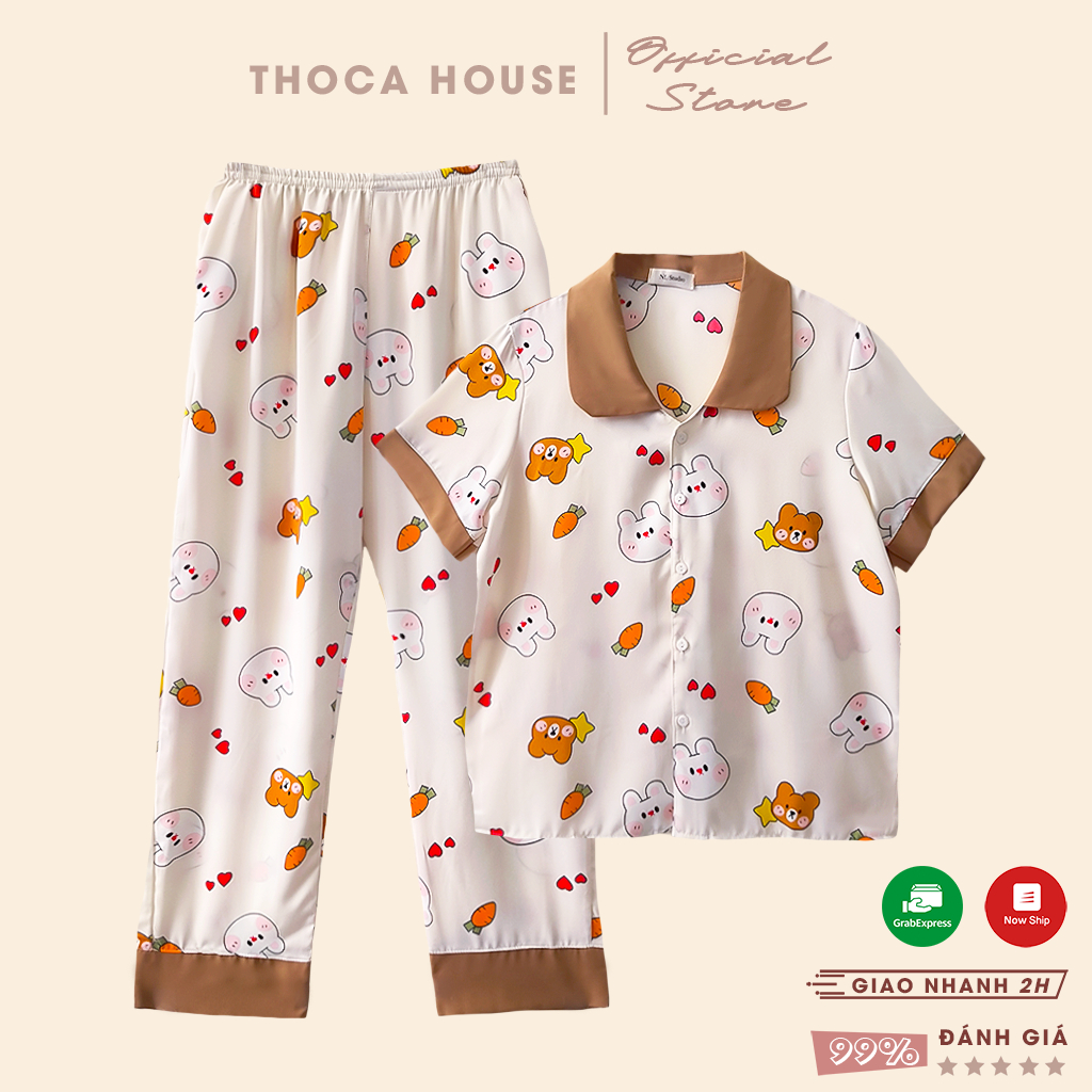 Đồ ngủ pijama mặc nhà quần dài lụa mango dễ thương THOCA HOUSE bộ ngủ hoạt hình cộc tay mát mẻ