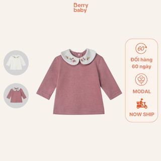 Áo dài tay bé gái BERRY thu đông cổ sen thêu hoa vải thun gỗ sồi modal EMILY
