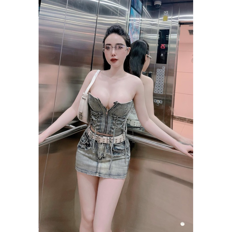 Quần Jeans Giả Váy Co Giãn Kèm Đai QC
