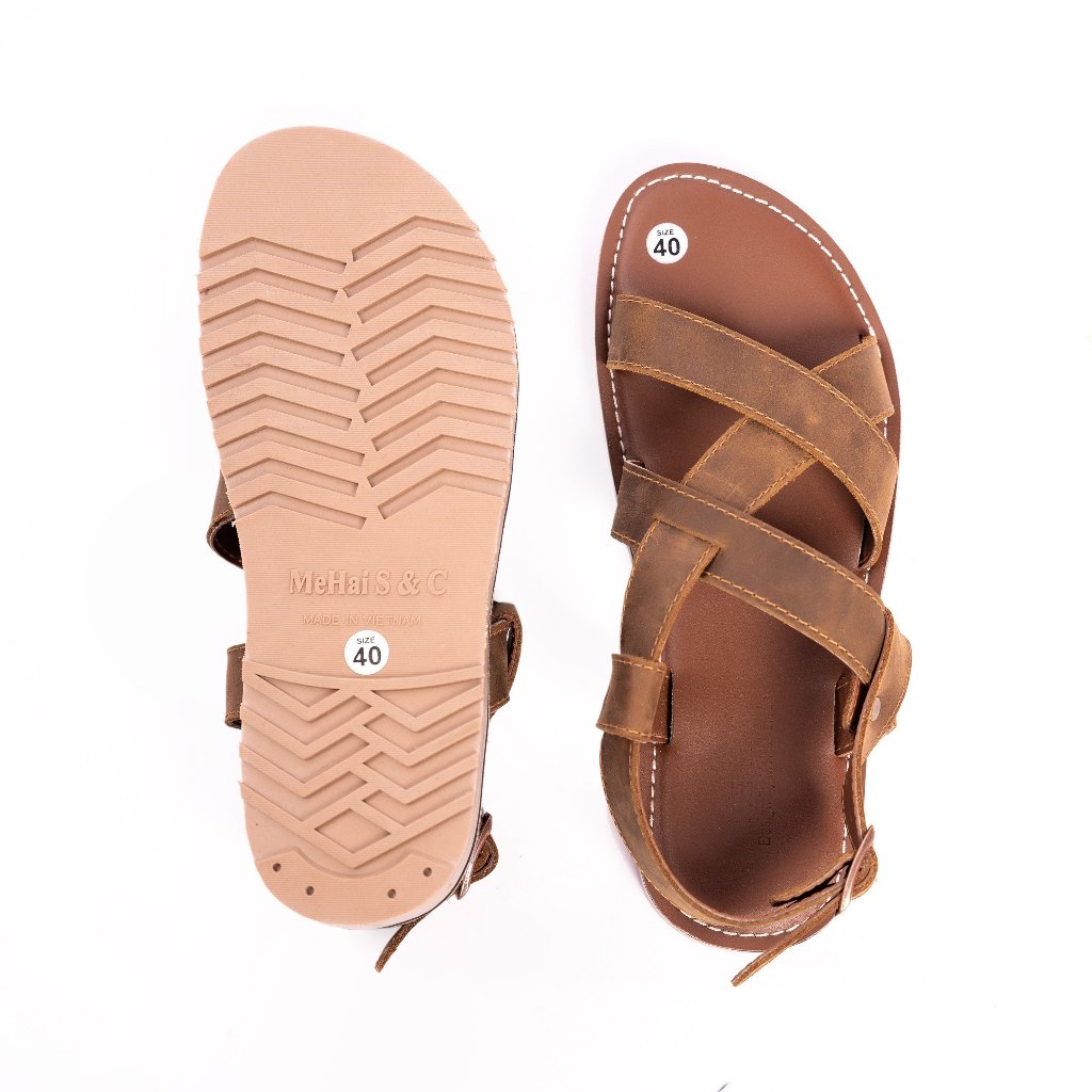 MH01 - Dép sandal da bò quai hậu nam dây kẹp basic đế đúc cao su chôngs nước MeHai