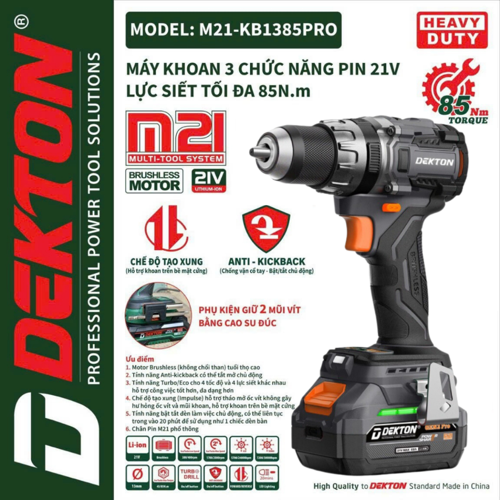 Máy Khoan 3 Chức Năng 85Nm Dekton / M21-KB1385PRO / Trang Bị Anti KickBack - ECO TURBO / Chân Pin Makita - MÀU XANH