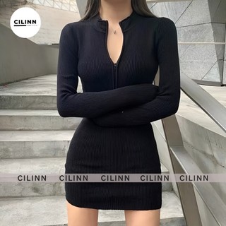 Đầm body kéo khóa ngực Cilinn Đầm ôm trơn chất thun gân co giãn thoải mái