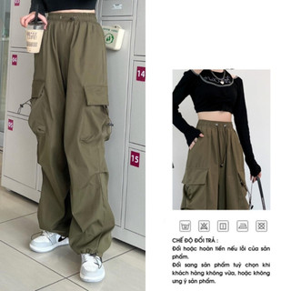 Quần ống rộng nữ nam thể thao, quần jogger KAKI co giãn túi hộp unisex, cạp cao quần dài baggy lưng thun ống suông